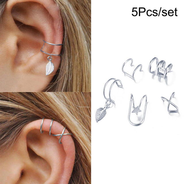 LATS Silver Color Leaves Clip Earrings for Women Men Creative Simple C Ear Cuff Non-Piercing Ear Ear Clip Set Trend Jewelry Gift